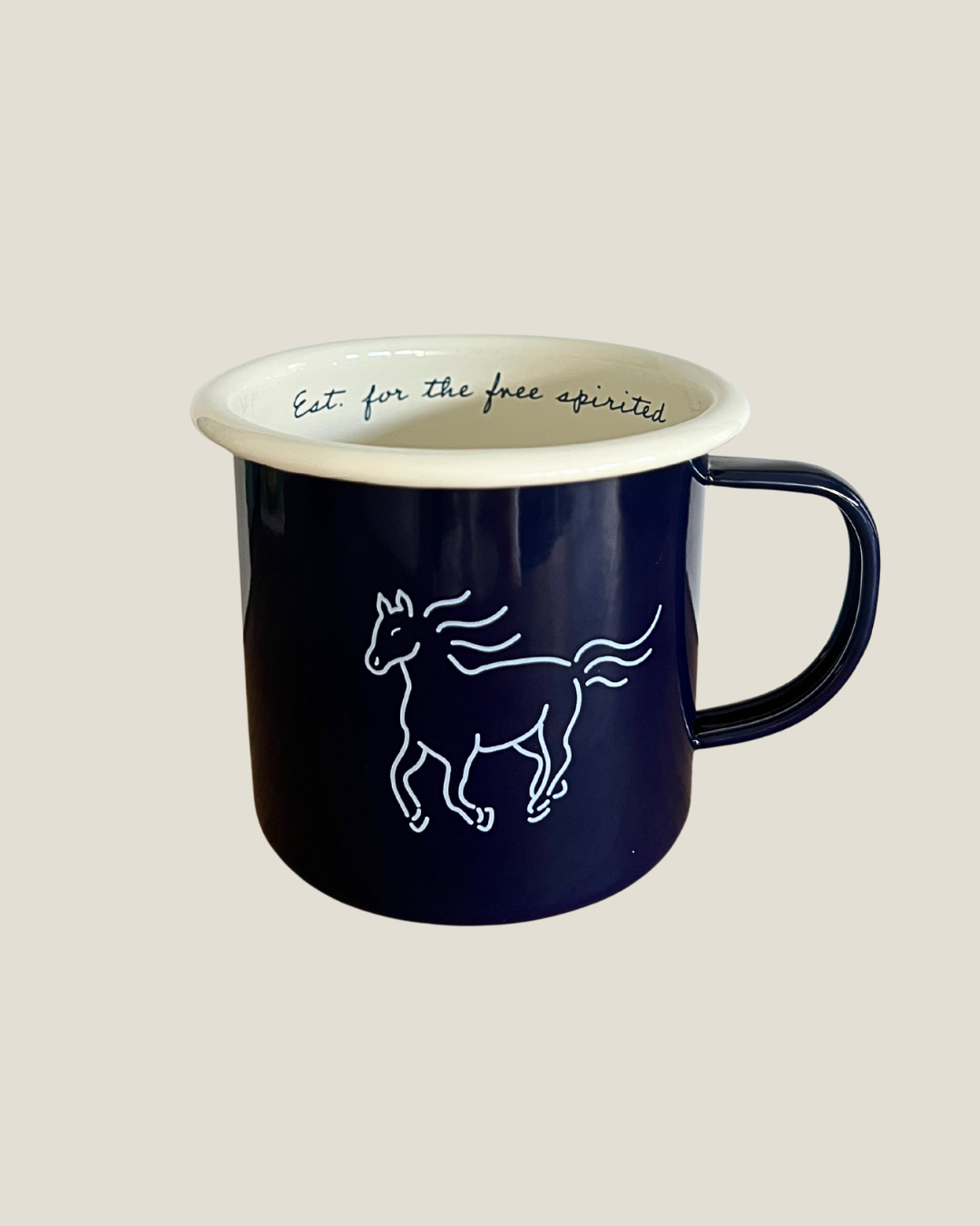 Navy enamel mug with horse logo